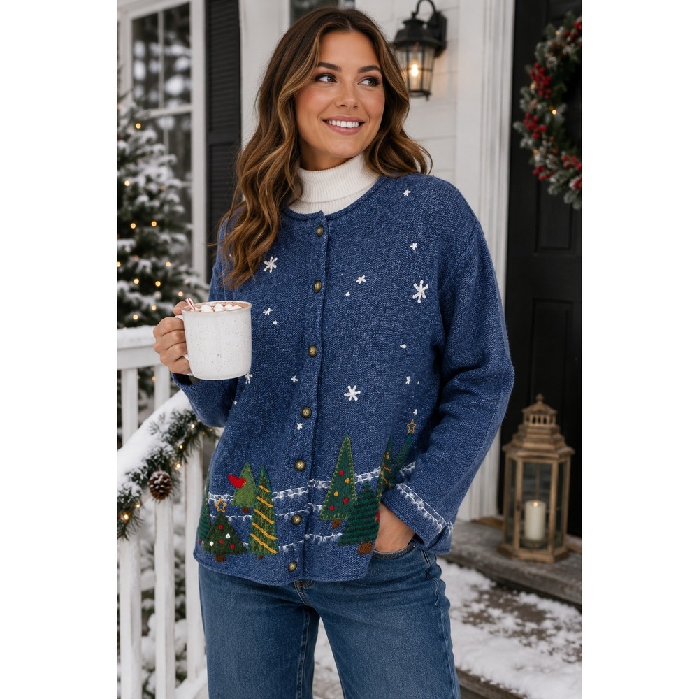 Susan Bristol Vintage Christmas Tree Cardigan Sweater Blue Embroidered XL Womens